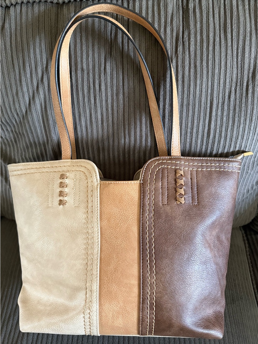 Montana West Tri-Panel Brown Tan Cream Shoulder Bag Striped Leather Purse Tote